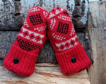 Warm Sweater Mittens | Black, red and white Nordic | Unique Women's Mittens Recycled from Sweaters | Upcycled Gifts for Her | Minnesota Made