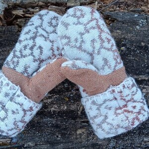 Cozy Sweater Mittens Brown Abstract Floral Unique Women's Mittens Recycled from Sweaters Upcycled Gifts for Her Minnesota Made image 4