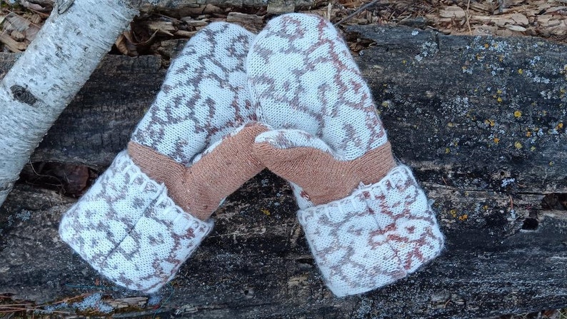 Cozy Sweater Mittens Brown Abstract Floral Unique Women's Mittens Recycled from Sweaters Upcycled Gifts for Her Minnesota Made image 4