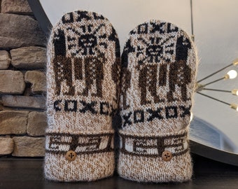 Cozy Sweater Mittens | Beige Llamas Alpacas | Unique Women's Mittens Recycled from Sweaters | Upcycled Gifts for Her | Minnesota Made