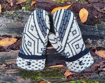 Warm Sweater Mittens l Cream and Black  | Women's Mittens Recycled from Sweaters | Upcycled Gifts for Her | Minnesota Made