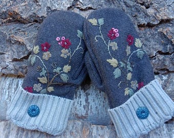 Warm Sweater Mittens | dark gray with embroidery l Women's Mittens Recycled from Sweaters | Upcycled Gifts for Her | Minnesota Made