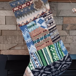 Large Homemade Patchwork Christmas Stocking | Blue and Green, Stocking Recycled from Sweaters | Winter Holiday Mantel Decor | Minnesota Made