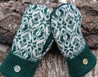 Cozy Sweater Mittens | Green and White Nordic  | Unique Women's Mitten Recycled from Sweaters | Upcycled Gifts for Her | Minnesota Made