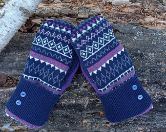 Warm Sweater Mittens | Navy and purple Fair Isle l  Women's Mittens Recycled from Sweaters | Upcycled Gifts for Her | Minnesota Made