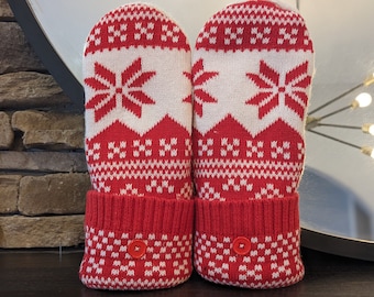 Cozy Sweater Mittens | Red and White Nordic | Unique Women's Mittens Recycled from Sweaters | Upcycled Gifts for Her | Minnesota Made