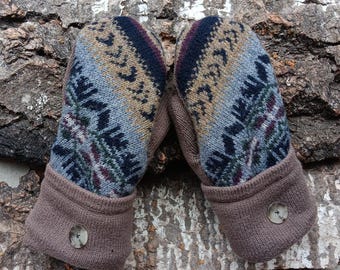 Warm Wool Sweater Mittens |gray, black and brown Nordic, Women's Mittens Recycled from Sweaters | Upcycled Gifts for Her