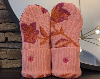 Cozy Sweater Mittens | Pink Floral | Unique Women's Mittens Recycled from Sweaters | Upcycled Gifts for Her | Minnesota Made