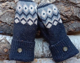 Cozy Sweater Mittens | Beige design on Navy | Unique Women's Mittens Recycled from Sweaters | Upcycled Gifts for Her | Minnesota Made