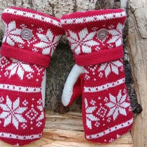 Warm Sweater Mittens Red and White Nordic Unique Women's Mittens Recycled from Sweaters Upcycled Gifts for Her Minnesota Made image 2