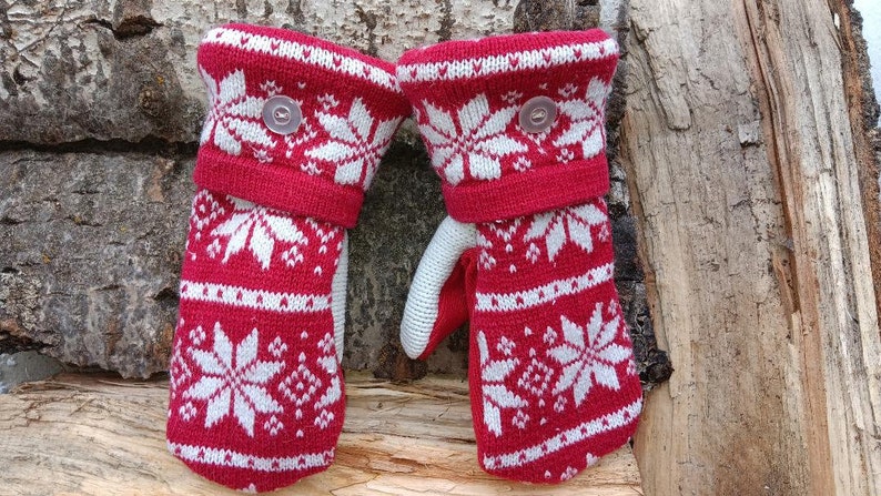 Warm Sweater Mittens Red and White Nordic Unique Women's Mittens Recycled from Sweaters Upcycled Gifts for Her Minnesota Made image 2