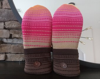 Cozy Sweater Mittens | Brown and Pink Stripes | Unique Women's Mittens Recycled from Sweaters | Upcycled Gifts for Her | Minnesota Made