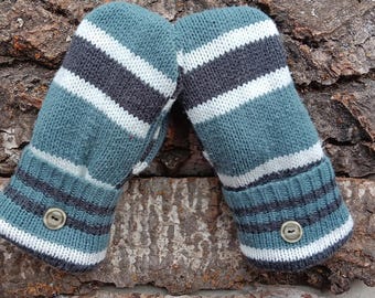 Warm Sweater Mittens | gray and green stripes | Unique Women's Mittens Recycled from Sweaters | Upcycled Gifts for Her | Minnesota Made