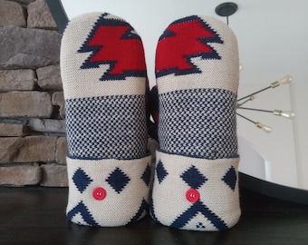 Cozy Sweater Mittens | Red and Navy Tribal | Unique Women's Mittens Recycled from Sweaters l Upcycled Gifts for Her | Minnesota Made