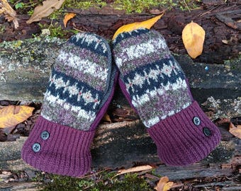 Petite or Small Woman's Warm Sweater Mittens | gray, black and purple  | Recycled from Sweaters |  Gifts for Her | Minnesota Made