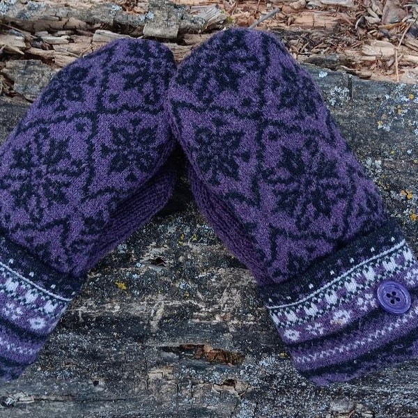 Warm Sweater Mittens | Purple and Black Nordic | Unique Women's Mittens Recycled from Sweaters | Upcycled Gifts for Her | Minnesota Made