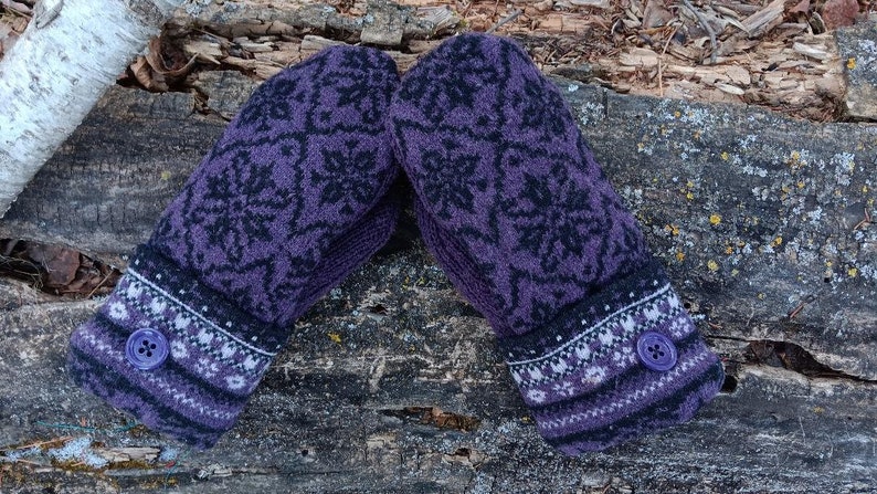 Warm Sweater Mittens Purple and Black Nordic Unique Women's Mittens Recycled from Sweaters Upcycled Gifts for Her Minnesota Made image 1