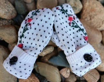 Warm Sweater Mittens | Embroidered Flowers | Unique Women's Mittens Recycled from Sweaters | Upcycled Gifts for Her | Minnesota Made