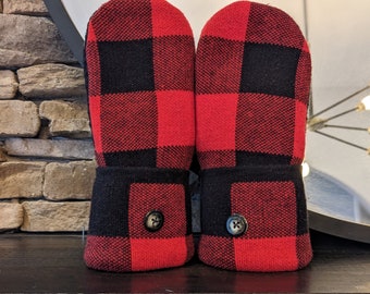 Cozy Sweater Mittens | Red and Black Plaid | Unique Women's Mittens Recycled from Sweaters | Upcycled Gifts for Her | Minnesota Made