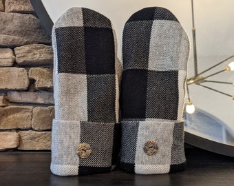 Cozy Sweater Mittens | Black and Gray Plaid | Unique Women's Mittens Recycled from Sweaters | Upcycled Gifts for Her | Minnesota Made