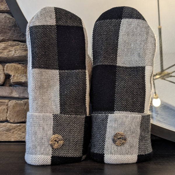 Cozy Sweater Mittens | Black and Gray Plaid | Unique Women's Mittens Recycled from Sweaters | Upcycled Gifts for Her | Minnesota Made