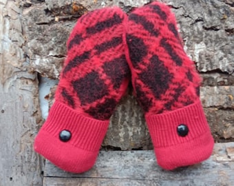 Warm Sweater Mittens | Black and Red Buffalo Plaid | Recycled from Sweaters | Upcycled Gifts  | Minnesota Made