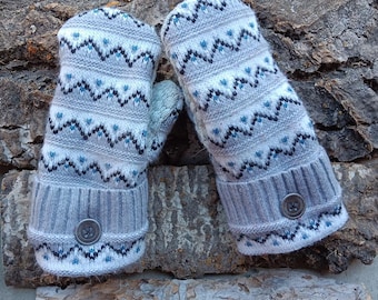 Sweater Mittens | Gray, White and Blue | Unique Women's Mittens Recycled from Sweaters | Upcycled Gifts for Her | Minnesota made
