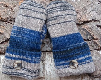 Cozy Sweater Mittens | Black, blue and gray stripes | Unique Women's Mittens Recycled from Sweaters | Minnesota Made l Homemade