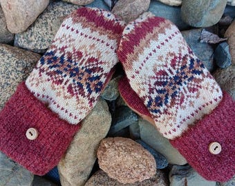 Warm  Sweater Mittens | Rusty Red and Tan Fair Ilse | Women's Mittens Recycled from Sweaters | Upcycled Gifts for Her | Minnesota Made