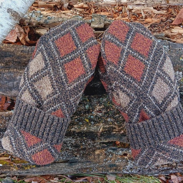 Men or Unisex Large Mittens | Brown argyle | Recycled from Sweaters | Upcycled Gifts for Him | Minnesota Made