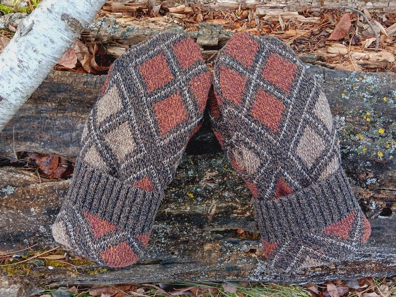 Men or Unisex Large Mittens Brown argyle Recycled from Sweaters Upcycled Gifts for Him Minnesota Made image 1