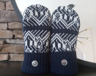 Cozy Sweater Mittens | Navy Blue & White Abstract | Unique Women's Mittens Recycled from Sweaters | Upcycled Gifts for Her | Minnesota Made