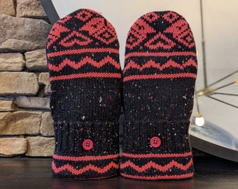 Cozy Sweater Mittens | Black and Pink Nordic | Women's Mittens Recycled from Sweaters | Upcycled Gifts for Her | Minnesota Made