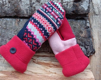 Warm  Sweater Mittens | red, pink and blue Fair Isle  | Women's Mittens Recycled from Sweaters | Upcycled Gifts for Her | Minnesota Made