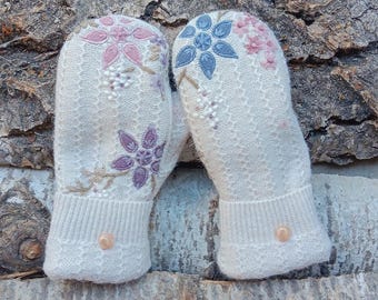 Cozy Sweater Mittens | cream with applique pastel flowers | Unique Women's Mittens Recycled from Sweaters | Upcycled Gifts for Her