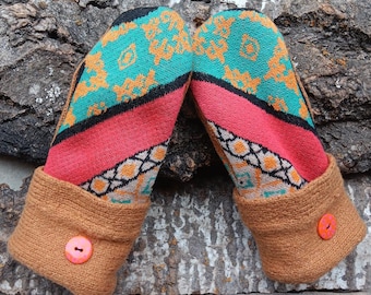 Cozy Sweater Mittens | artsy gold and orange | Unique Women's Mittens Recycled from Sweaters | Upcycled Gifts for Her | Minnesota Made