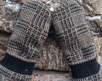Men or Unisex Large Mittens |  Black and tan pattern  | Mittens Recycled from Sweaters | Upcycled Gifts for Him | Minnesota Made