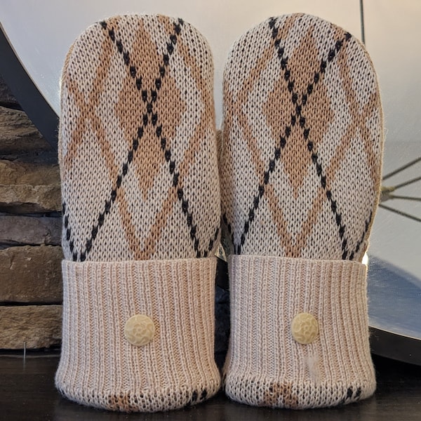 Cozy Sweater Mittens | Tan and Black Argyle | Unique Women's Mittens Recycled from Sweaters | Upcycled Gifts for Her | Minnesota Made