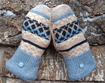 Warm Sweater Mittens | Light blue Nordic l Women's Mittens Recycled from Sweaters | Upcycled Gifts for Her | Minnesota Made