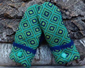Warm Sweater Mittens | green and blue pattern | Unique Women's Mittens Recycled from Sweaters | Upcycled Gifts for Her | Minnesota Made