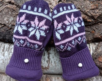 Warm Sweater Mittens | Purple and White Nordic | Women's Mittens Recycled from Sweaters | Upcycled Gifts for Her | Minnesota Made