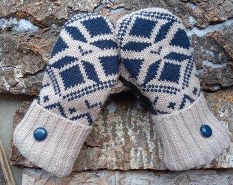 Warm Sweater Mittens | tan and Navy Nordic | Unique Women's Mittens Recycled from Sweaters | Upcycled Gifts for Her | Minnesota Made
