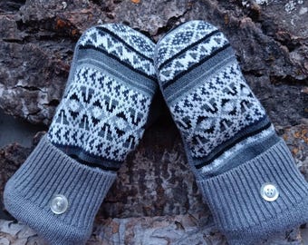 Warm Sweater Mittens | black, gray and white Fair Isle | Women's Mittens Recycled from Sweaters | Upcycled Gifts for Her | Minnesota Made