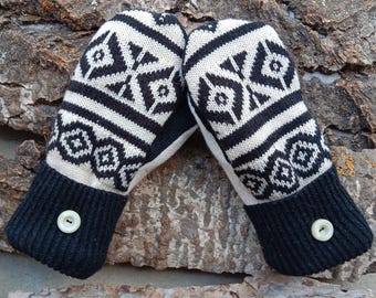 Sweater Mittens | Black and Cream | Unique Women's Mittens Recycled from Sweaters | Upcycled Gifts for Her | Minnesota Made