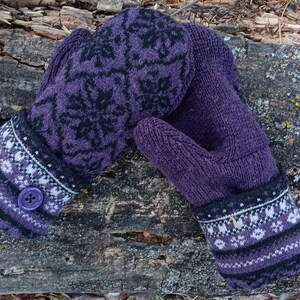 Warm Sweater Mittens Purple and Black Nordic Unique Women's Mittens Recycled from Sweaters Upcycled Gifts for Her Minnesota Made image 2