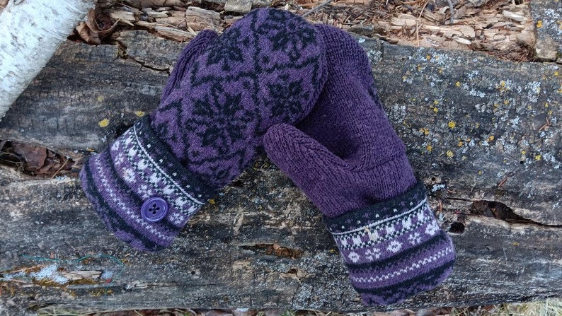 Warm Sweater Mittens Purple and Black Nordic Unique Women's Mittens Recycled from Sweaters Upcycled Gifts for Her Minnesota Made image 2