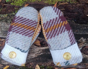 Warm Sweater Mittens | maroon, gold and white plaid | Unique Women's Mittens Recycled from Sweaters | Upcycled Gifts for Her