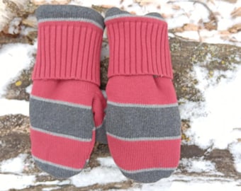 Men or Unisex Large Mittens | red and gray stripes  | Mittens Recycled from Sweaters | Upcycled Gifts for Him | Minnesota Made