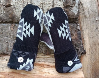 Warm Sweater Mittens |black and white Tribal  | Unique Women's Mittens Recycled from Sweaters | Gifts for Her | Minnesota Made