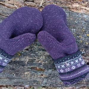 Warm Sweater Mittens Purple and Black Nordic Unique Women's Mittens Recycled from Sweaters Upcycled Gifts for Her Minnesota Made image 4